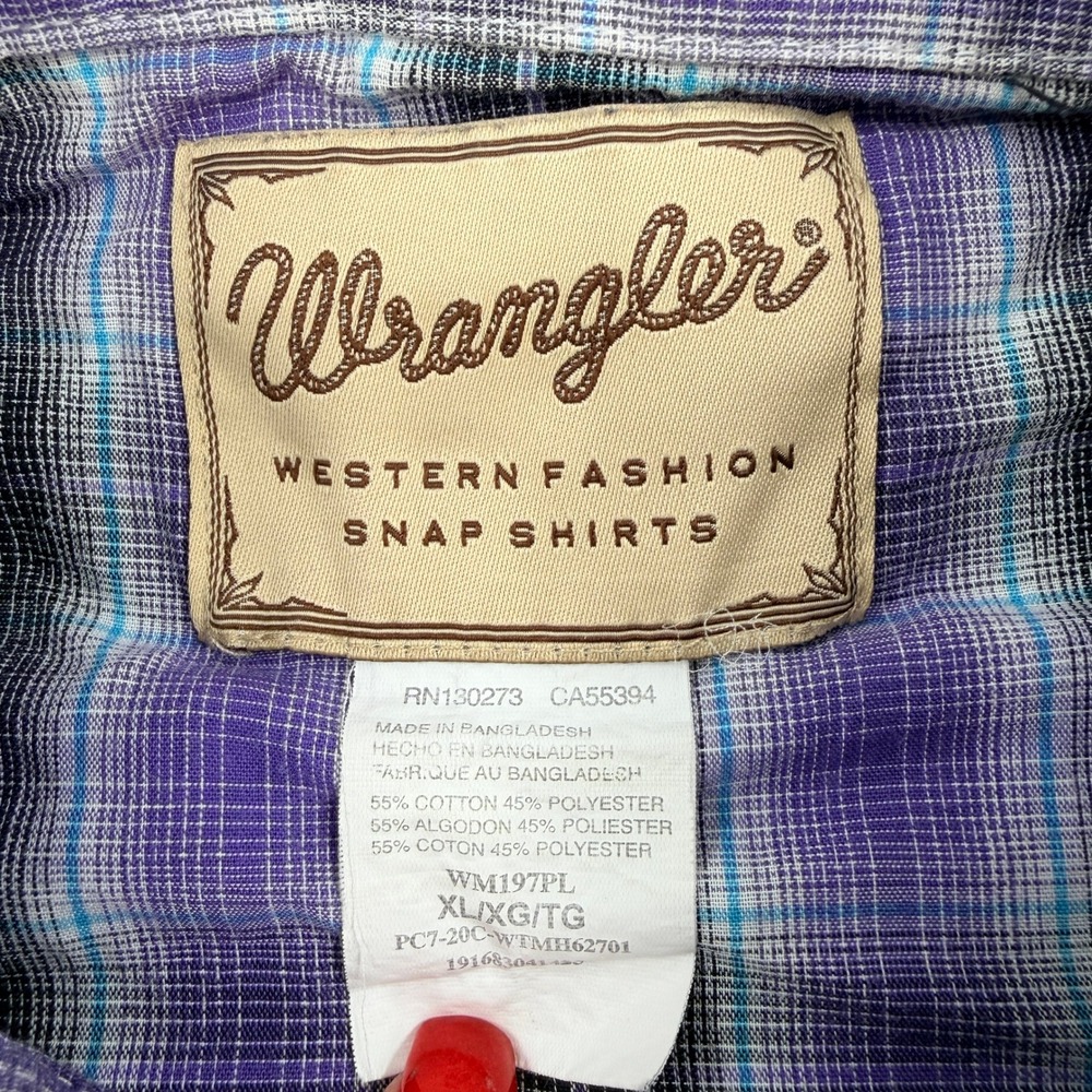 Wrangler Mens XL Purple Plaid Short Sleeve Western Pearl Snap Shirt WM197PL Y2K - Picture 6 of 8